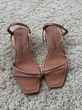 Pedro Garcia Pink-Tan Braided-Strap Square-Toe Sandals